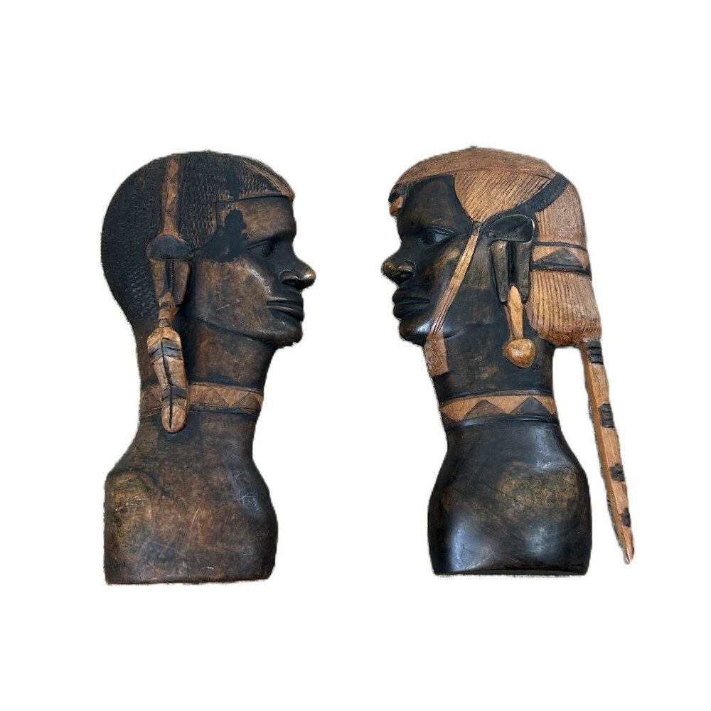 Pair of African Carved Wooden Heads Busts Wall Hanging Plaque TRIBAL ART 12"